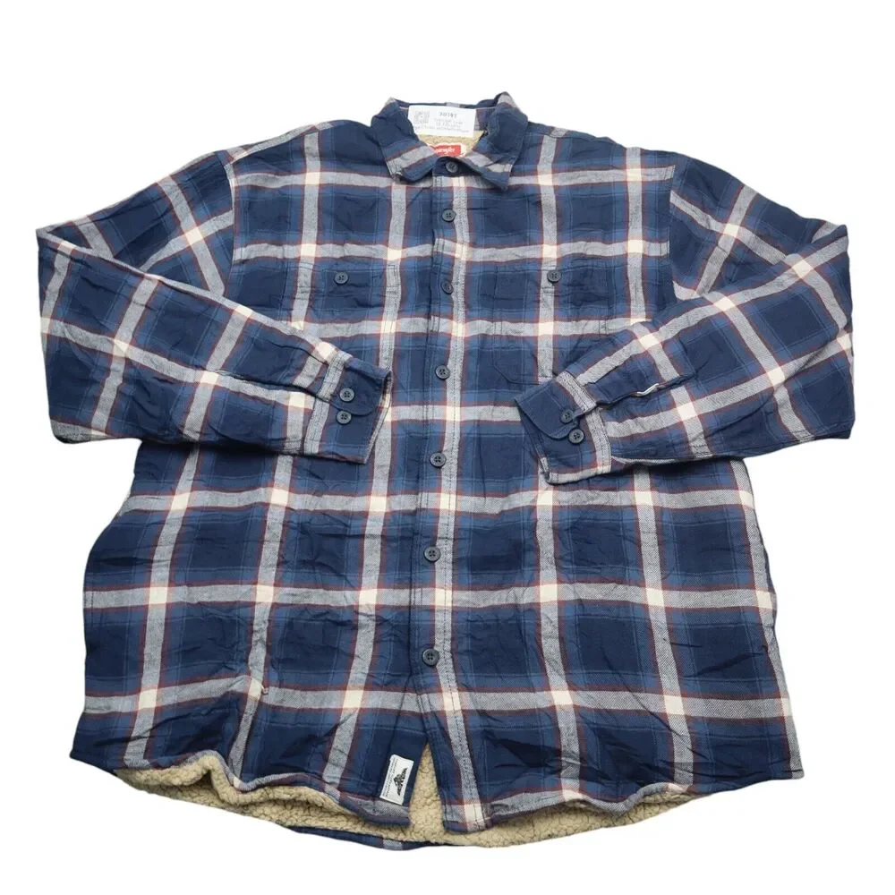 Wrangler Shacket Mens Large Blue Plaid Quilted Flannel Shirt Jacket Button Up